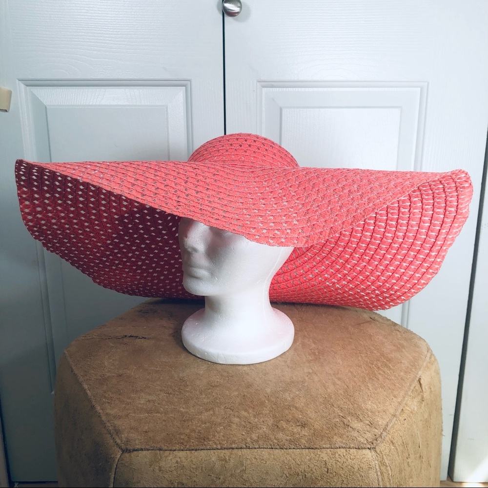 Wide Brim Floppy Summer Straw Like Hat Salmon Pink Color